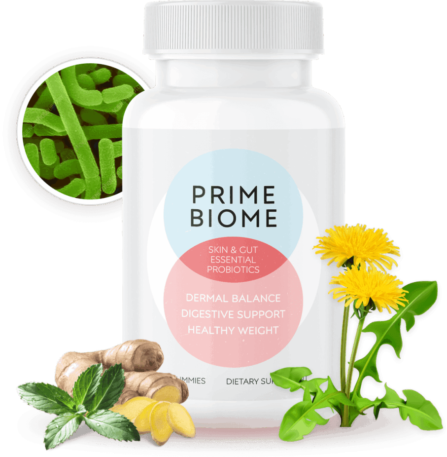 PrimeBiome supplement bottle for gut and skin health